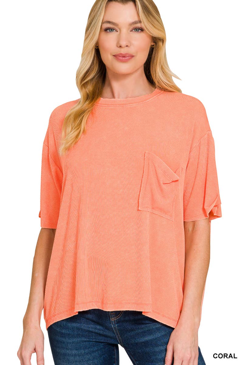 Washed Ribbed Cuffed Short Sleeve Round Neck Top