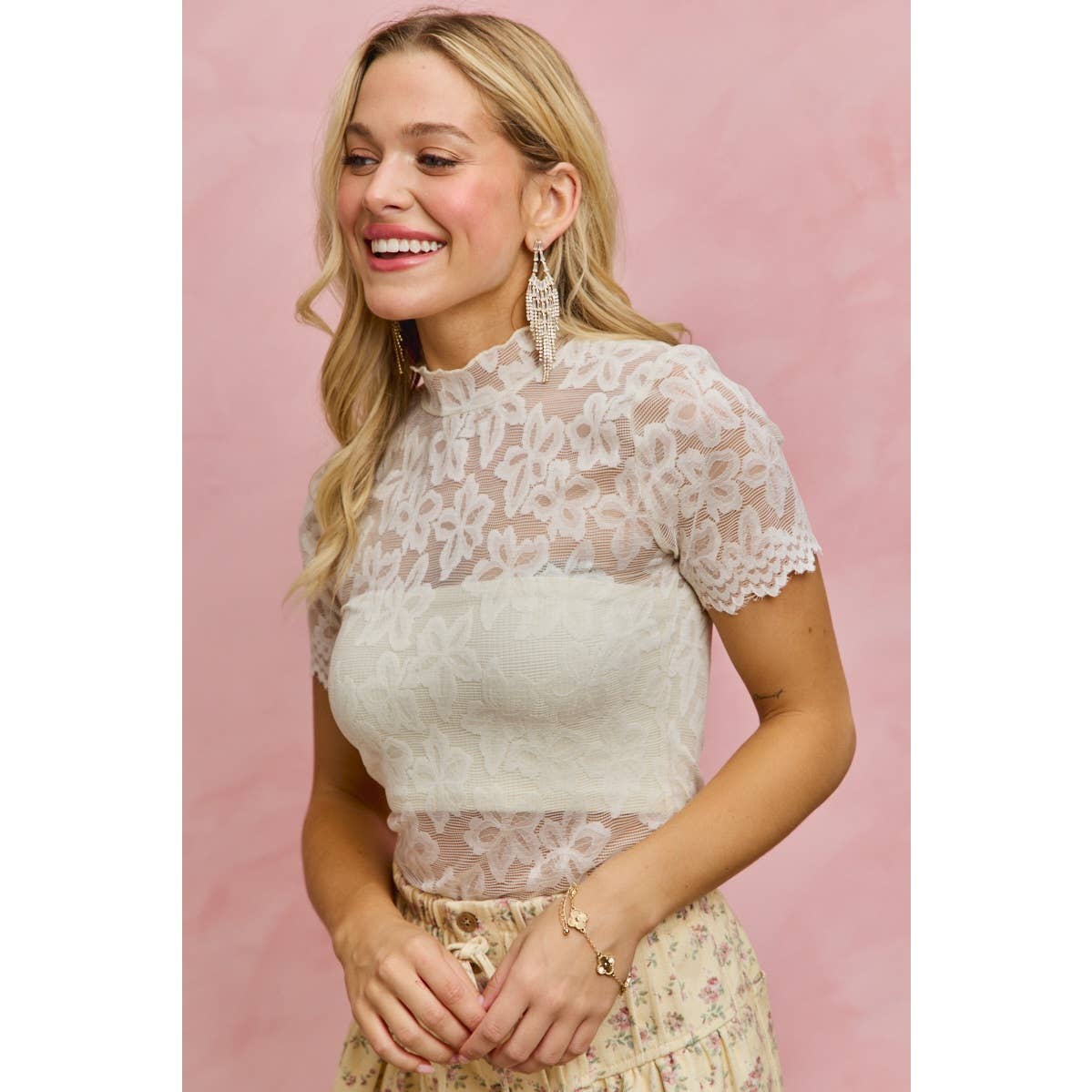 SHEER FLORAL LACE SHORT SLEEVES LAYERING KNIT TOP