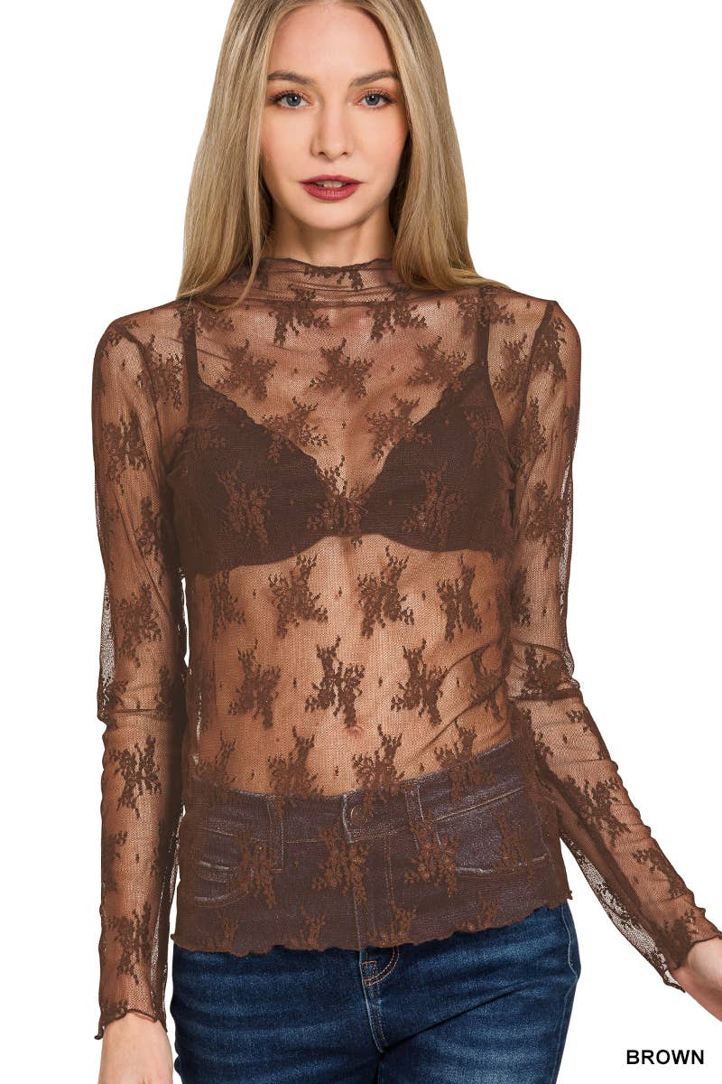 “Lace Allure” Mock Neck Mesh Top